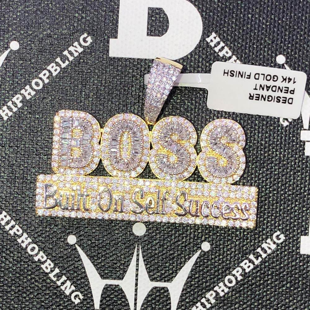.925 Silver BOSS Built on Self Success VVS CZ Iced Out Pendant Yellow Gold HipHopBling
