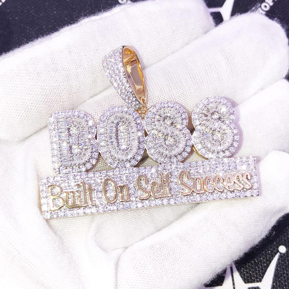 .925 Silver BOSS Built on Self Success VVS CZ Iced Out Pendant Yellow Gold HipHopBling