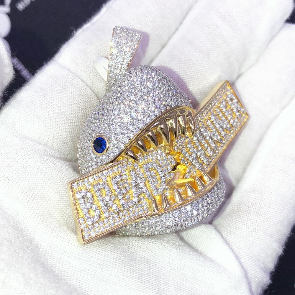 .925 Silver Bread Winner Shark VVS CZ Iced Out Pendant Yellow Gold HipHopBling