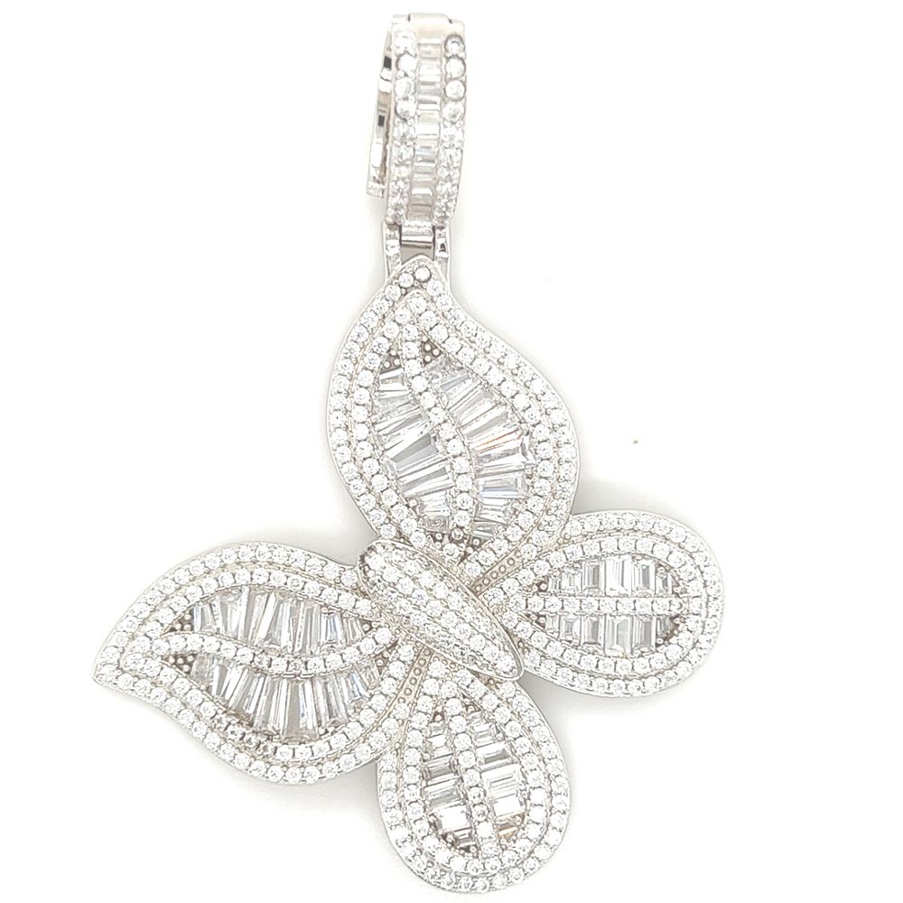 .925 Silver Butterfly Baguette VVS CZ Iced Out Pendant HipHopBling