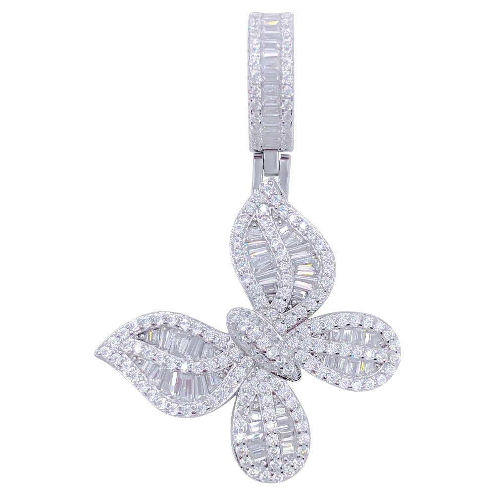 .925 Silver Butterfly Baguette VVS CZ Iced Out Pendant White Gold HipHopBling