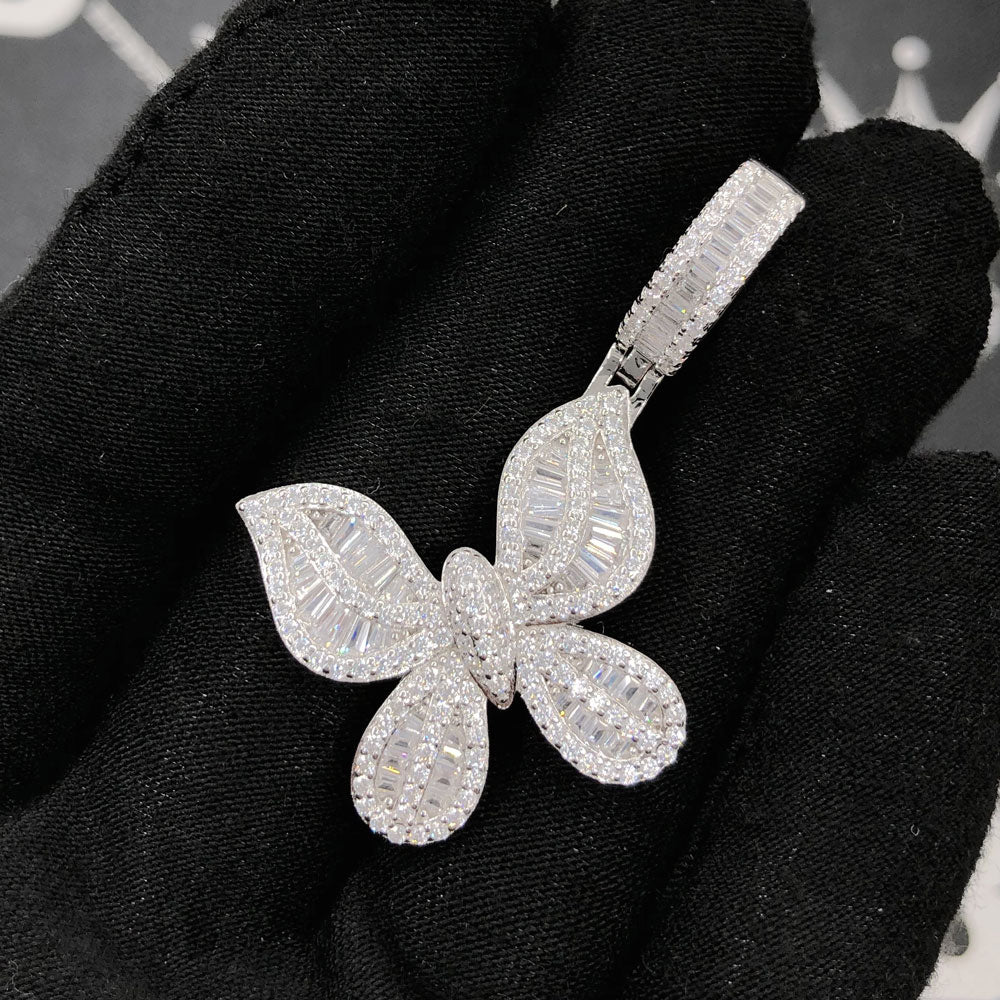 .925 Silver Butterfly Baguette VVS CZ Iced Out Pendant White Gold HipHopBling