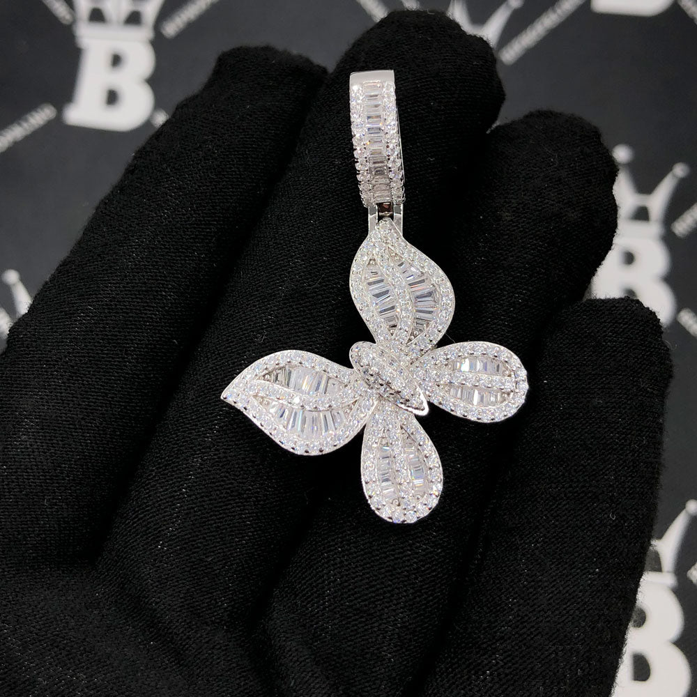 .925 Silver Butterfly Baguette VVS CZ Iced Out Pendant White Gold HipHopBling