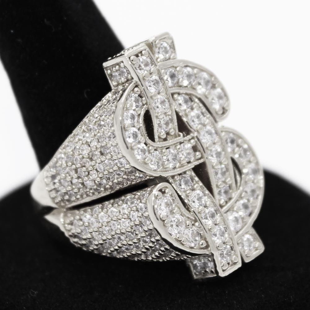 .925 Silver Cash Money Dollar Sign CZ Hip Hop Bling Ring White Gold 7 HipHopBling