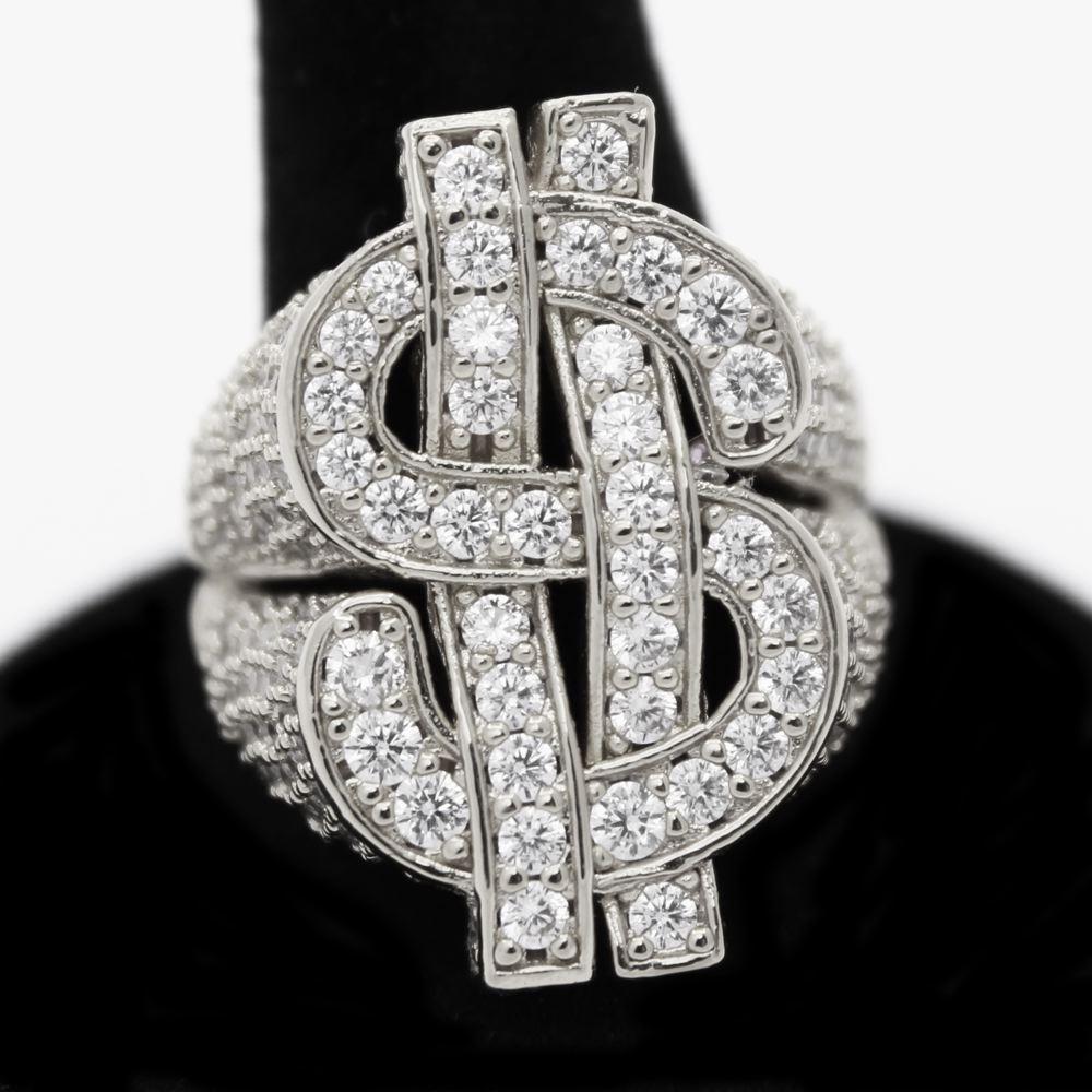 .925 Silver Cash Money Dollar Sign CZ Hip Hop Bling Ring White Gold 7 HipHopBling
