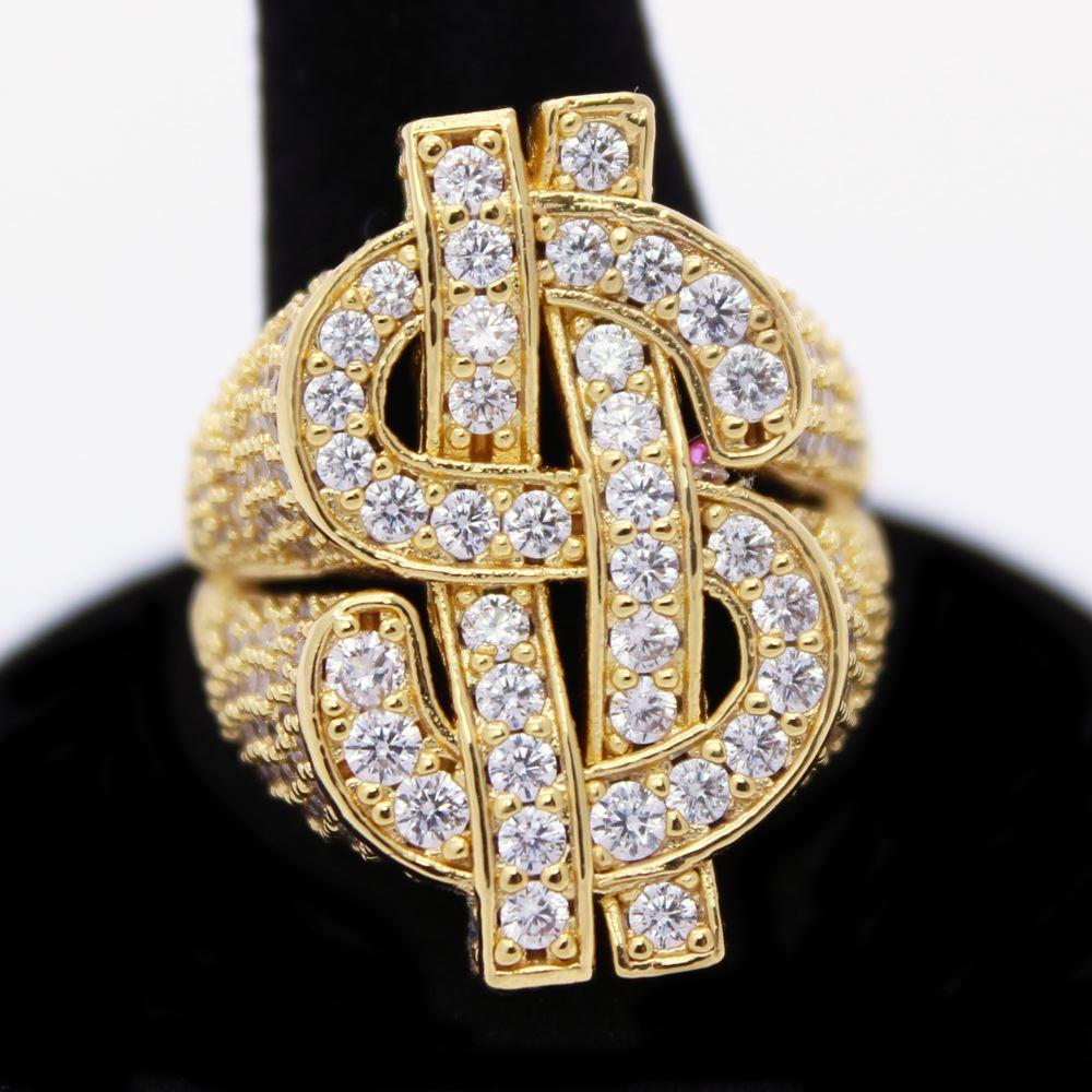 .925 Silver Cash Money Dollar Sign CZ Hip Hop Bling Ring Yellow Gold 7 HipHopBling