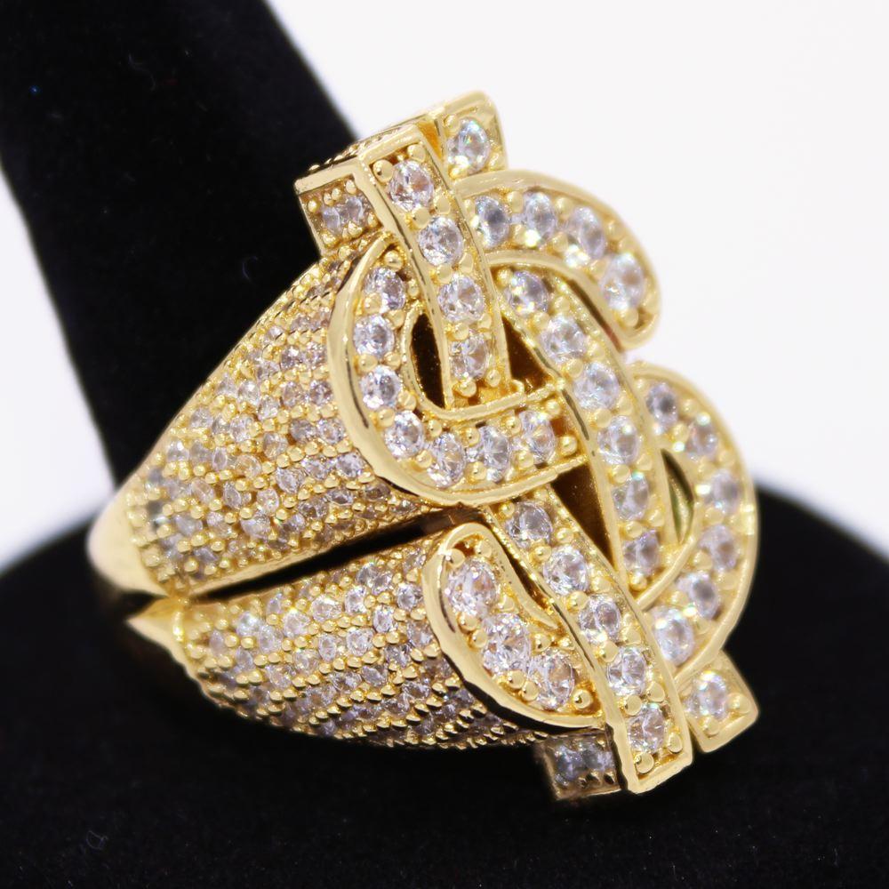 .925 Silver Cash Money Dollar Sign CZ Hip Hop Bling Ring Yellow Gold 7 HipHopBling