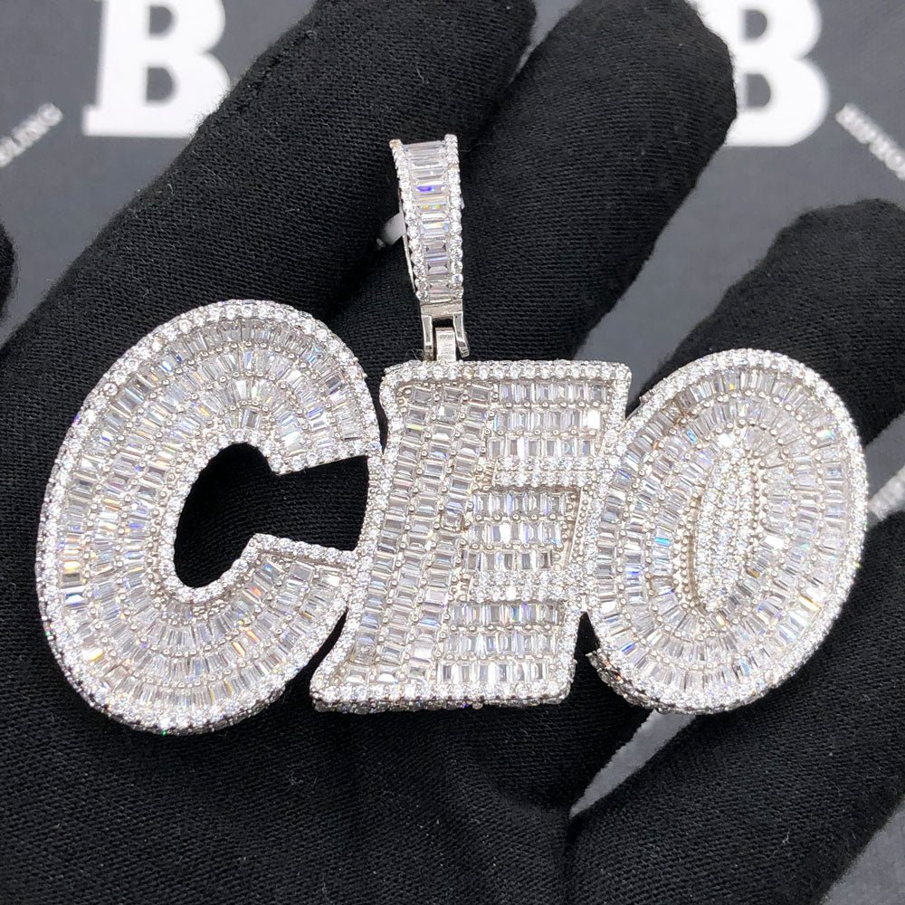 .925 Silver CEO 3D Baguette VVS CZ Iced Out Pendant White Gold HipHopBling