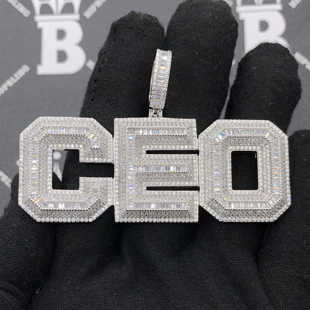 .925 Silver CEO 3D Baguette VVS CZ Iced Out Pendant White Gold HipHopBling