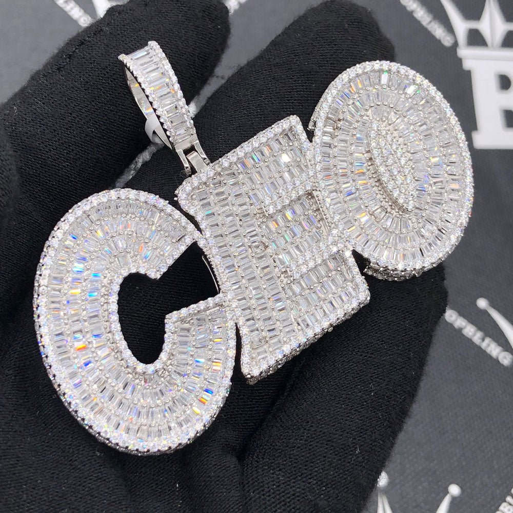 .925 Silver CEO 3D Baguette VVS CZ Iced Out Pendant White Gold HipHopBling
