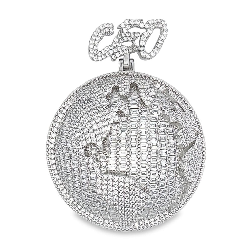 .925 Silver CEO 3D World Earth Baguette CZ Iced Out Pendant White Gold HipHopBling