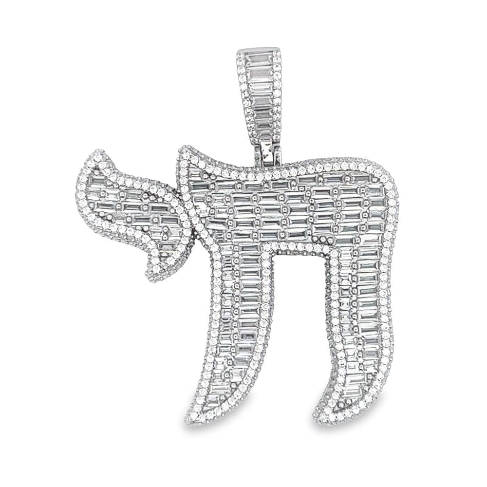 .925 Silver Chai Baguette CZ Iced Out Pendant White Gold HipHopBling
