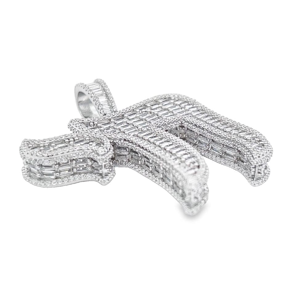 .925 Silver Chai Baguette CZ Iced Out Pendant White Gold HipHopBling