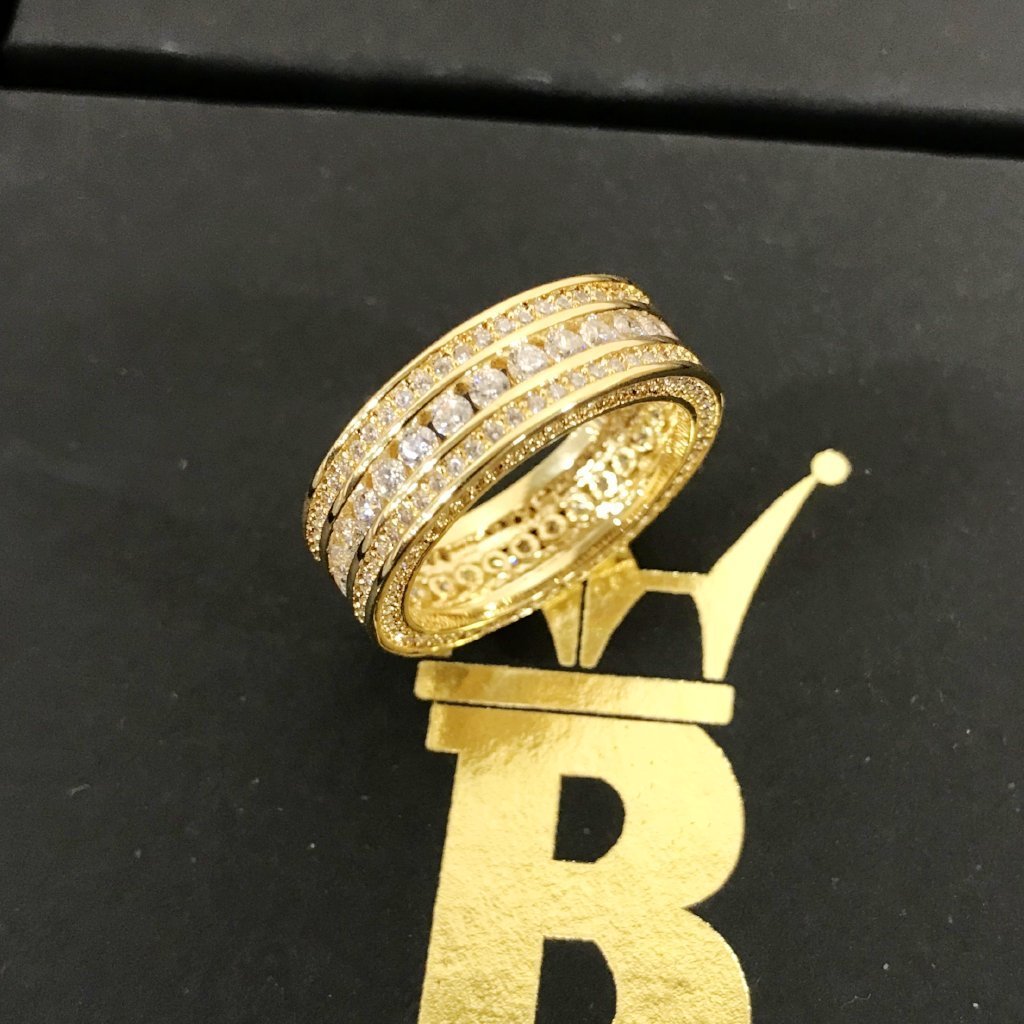 .925 Silver Channel Set 360 Eternity Band Gold CZ Bling Ring 7 HipHopBling