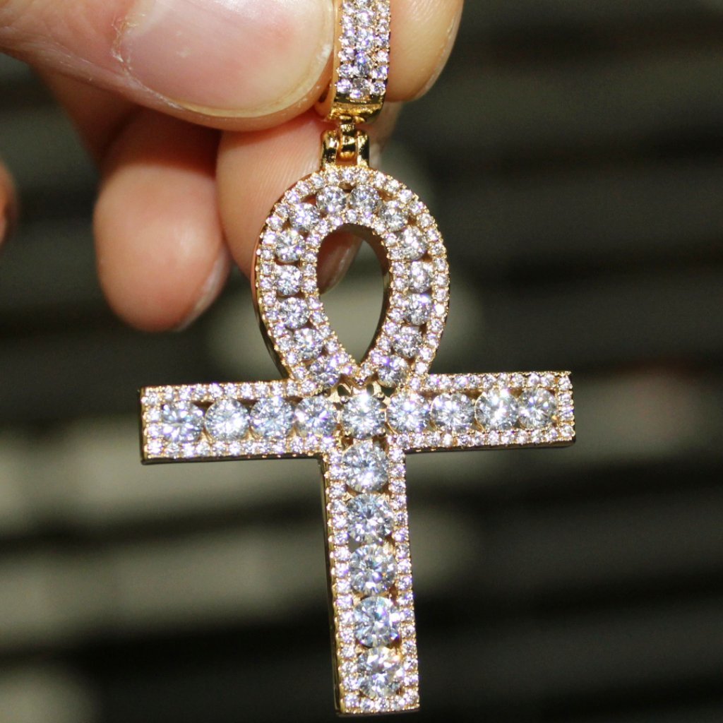 .925 Silver Channel Set Ankh Bling Bling Cross Rhodium White Gold HipHopBling