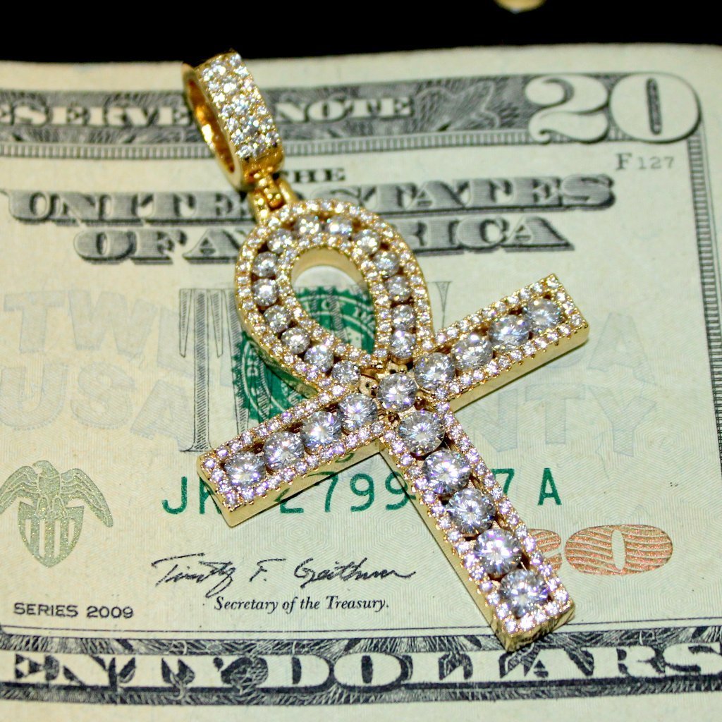 .925 Silver Channel Set Ankh Bling Bling Cross Rhodium White Gold HipHopBling