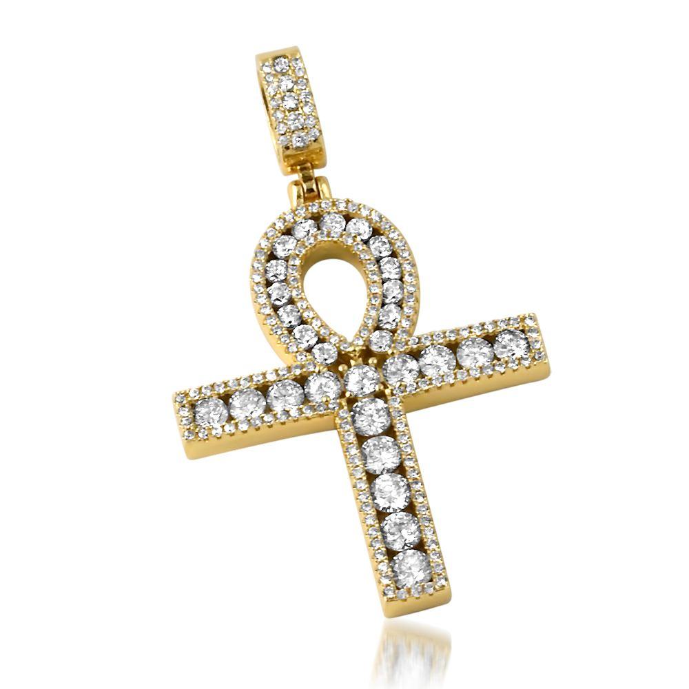 .925 Silver Channel Set Ankh Bling Bling Cross Rhodium White Gold HipHopBling