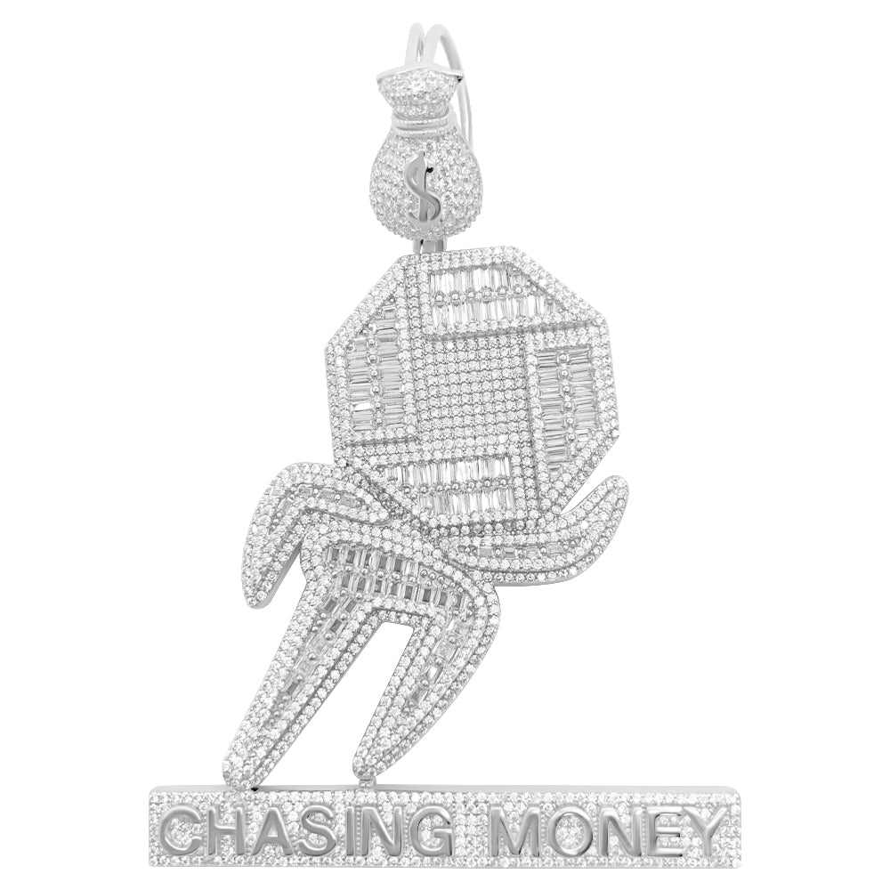 .925 Silver Chasing Money Baguette CZ Iced Out Pendant HipHopBling
