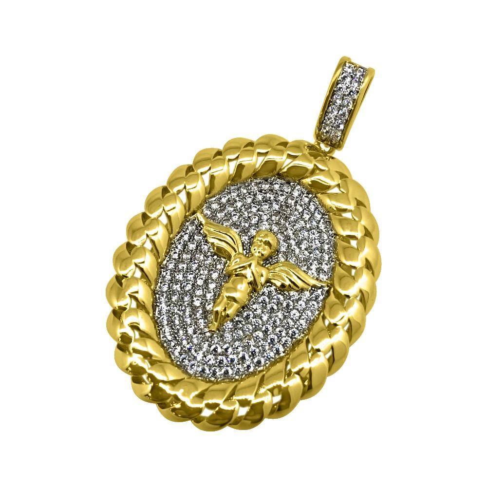 .925 Silver Cherub Angel Gold Cuban Oval CZ Pendant HipHopBling