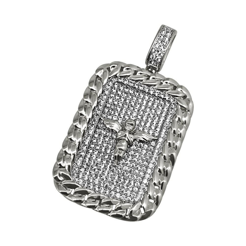 .925 Silver Cherub Angel Rhodium Cuban CZ Rectangle Pendant White Gold HipHopBling