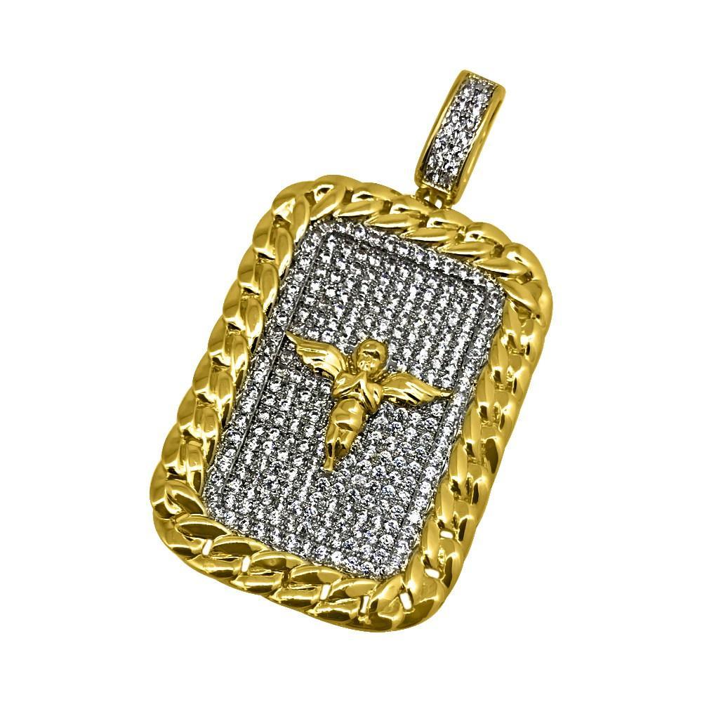.925 Silver Cherub Angel Rhodium Cuban CZ Rectangle Pendant White Gold HipHopBling
