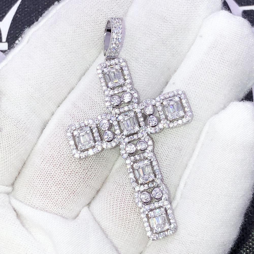 .925 Silver Custom Baguette Cluster Cross VVS CZ Iced Out Pendant Yellow Gold HipHopBling