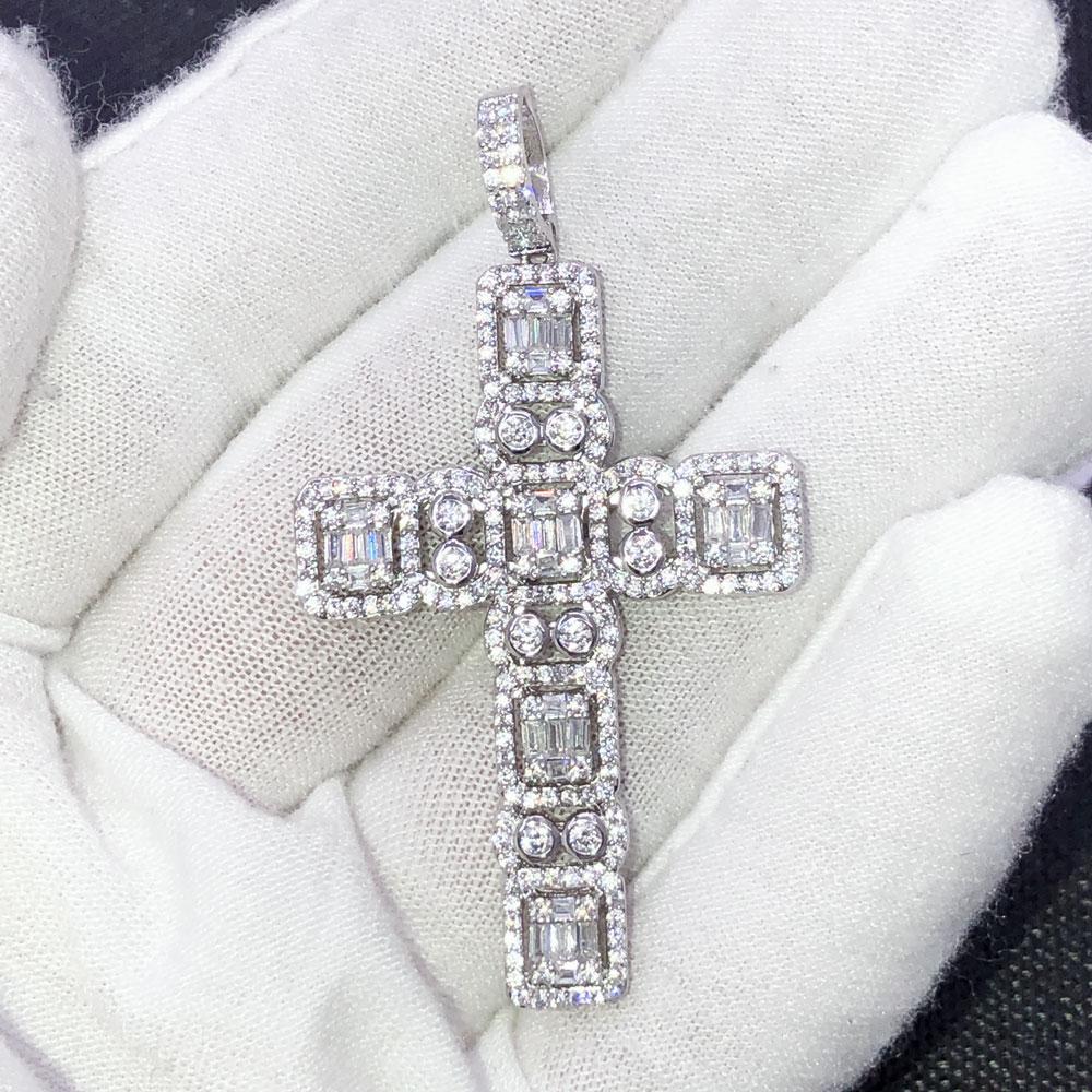 .925 Silver Custom Baguette Cluster Cross VVS CZ Iced Out Pendant Yellow Gold HipHopBling