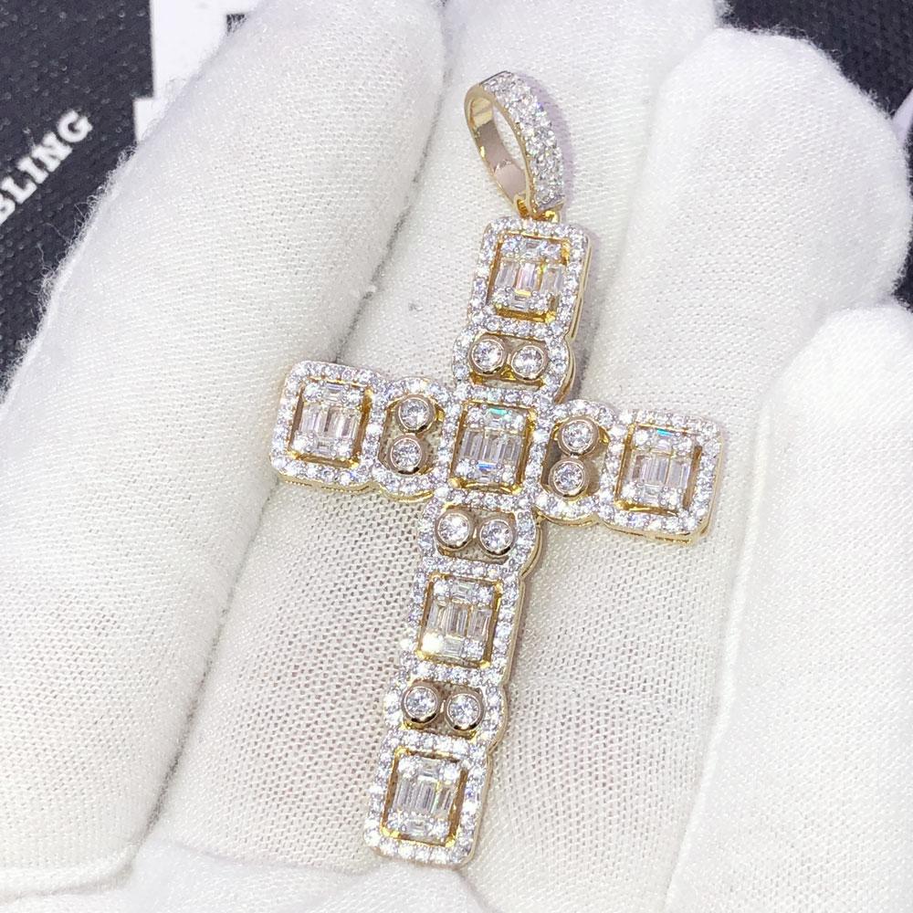 .925 Silver Custom Baguette Cluster Cross VVS CZ Iced Out Pendant Yellow Gold HipHopBling