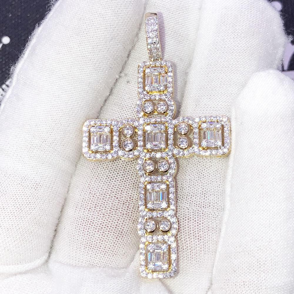 .925 Silver Custom Baguette Cluster Cross VVS CZ Iced Out Pendant Yellow Gold HipHopBling