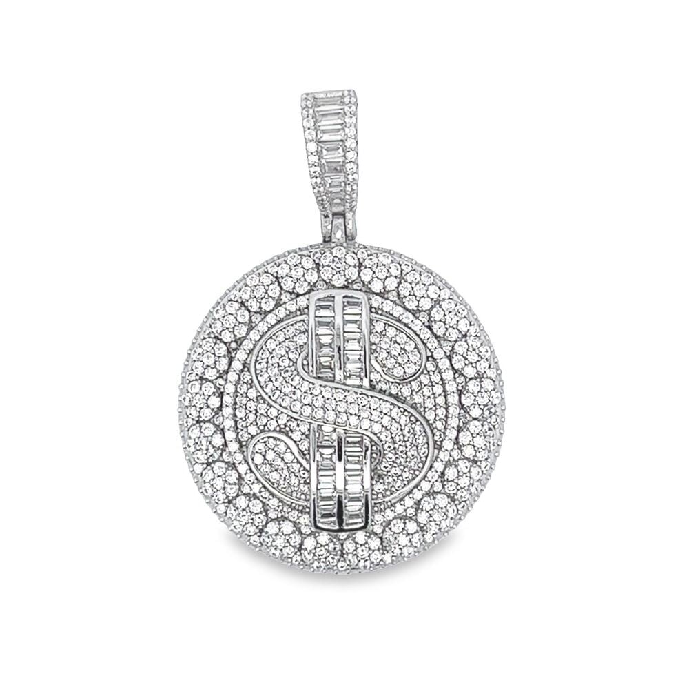 .925 Silver Dollar Sign $ Cluster Medallion CZ Iced Out Pendant White Gold HipHopBling