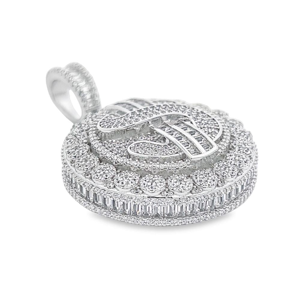 .925 Silver Dollar Sign $ Cluster Medallion CZ Iced Out Pendant White Gold HipHopBling
