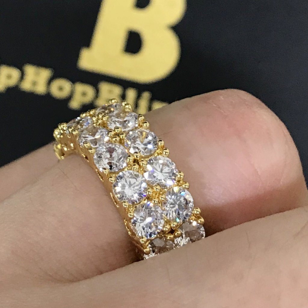 .925 Silver Double Eternity Band 360 Gold CZ Bling Ring HipHopBling