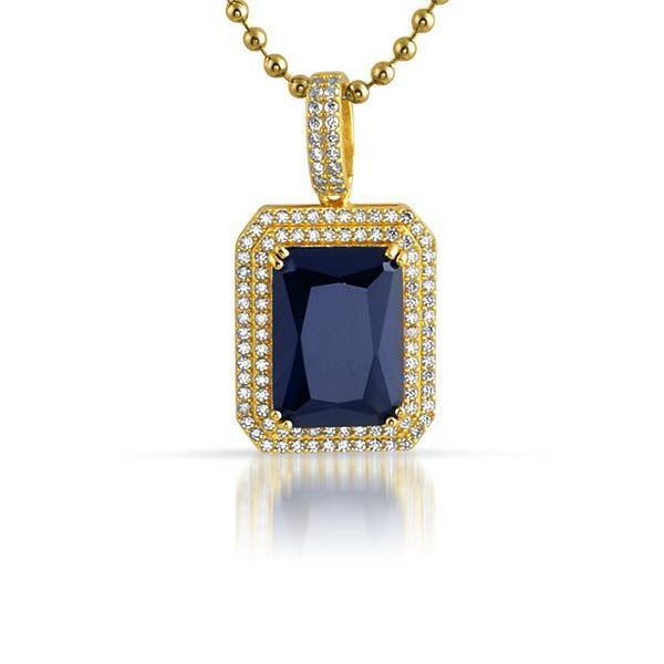 .925 Silver Double Iced Out Blue Gem Pendant HipHopBling