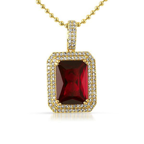 .925 Silver Double Iced Out Lab Ruby Red Gem Pendant HipHopBling