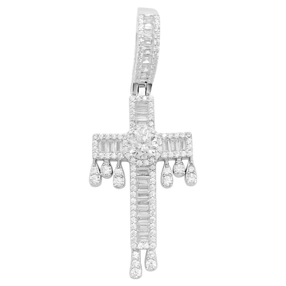 .925 Silver Drip Cross Baguette CZ Iced Out Pendant HipHopBling
