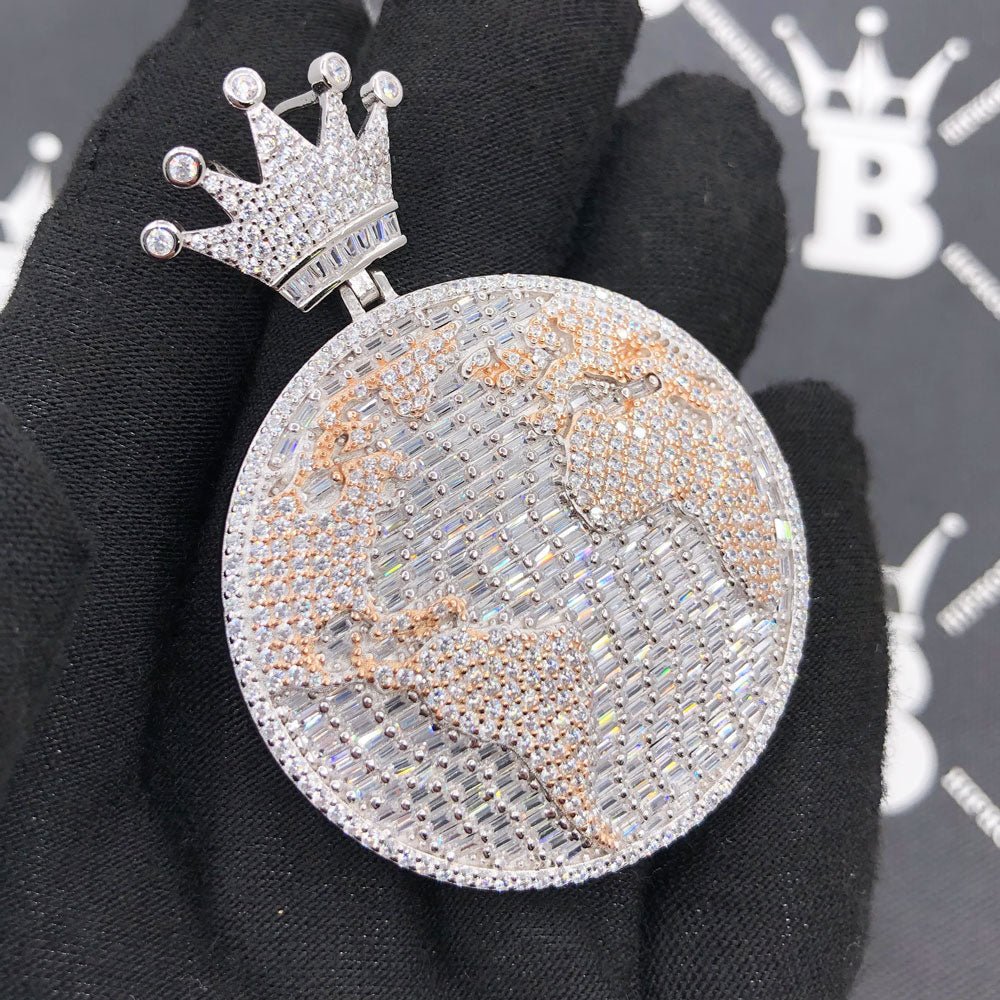 .925 Silver Earth World Map Baguette VVS Iced Out Pendant White Gold HipHopBling