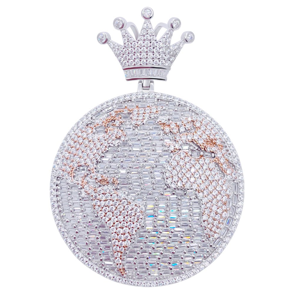 .925 Silver Earth World Map Baguette VVS Iced Out Pendant White Gold HipHopBling