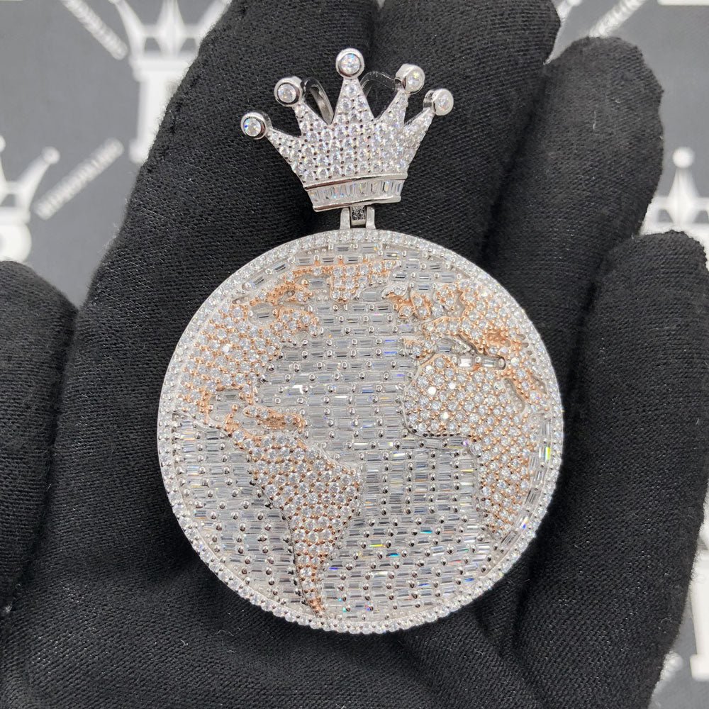 .925 Silver Earth World Map Baguette VVS Iced Out Pendant White Gold HipHopBling