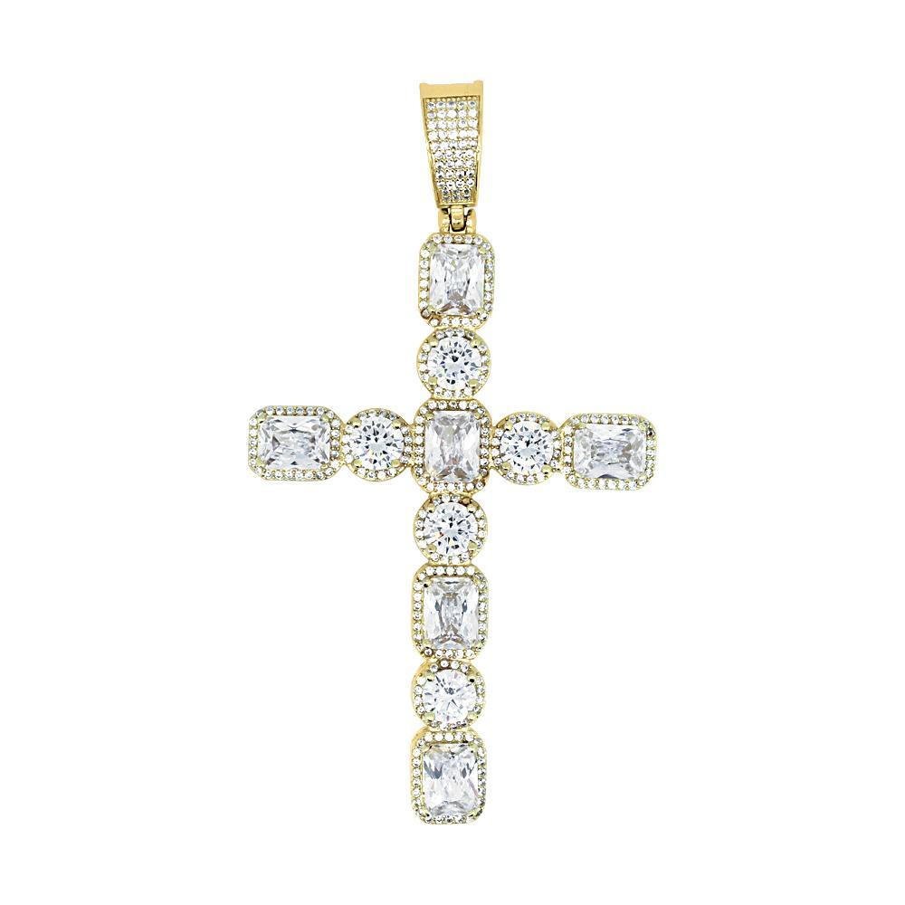 .925 Silver Emerald and Round Cut CZ Cross White Gold HipHopBling