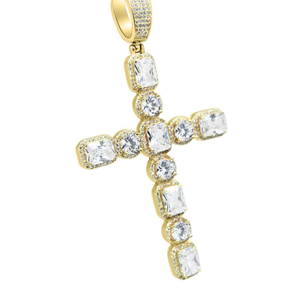 .925 Silver Emerald and Round Cut CZ Cross White Gold HipHopBling