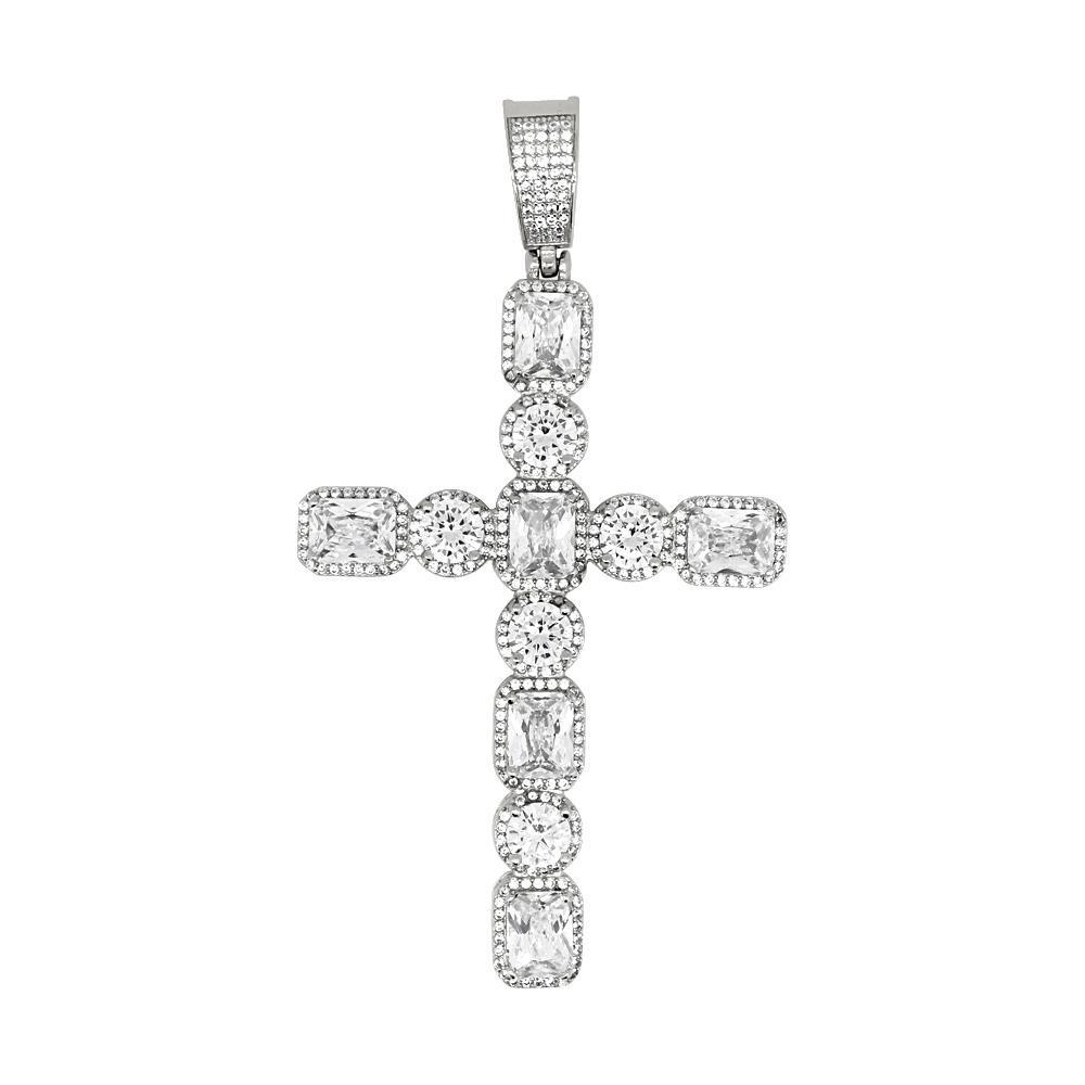 .925 Silver Emerald and Round Cut CZ Cross White Gold HipHopBling