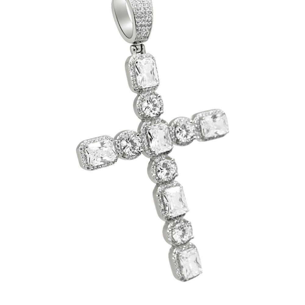 .925 Silver Emerald and Round Cut CZ Cross White Gold HipHopBling