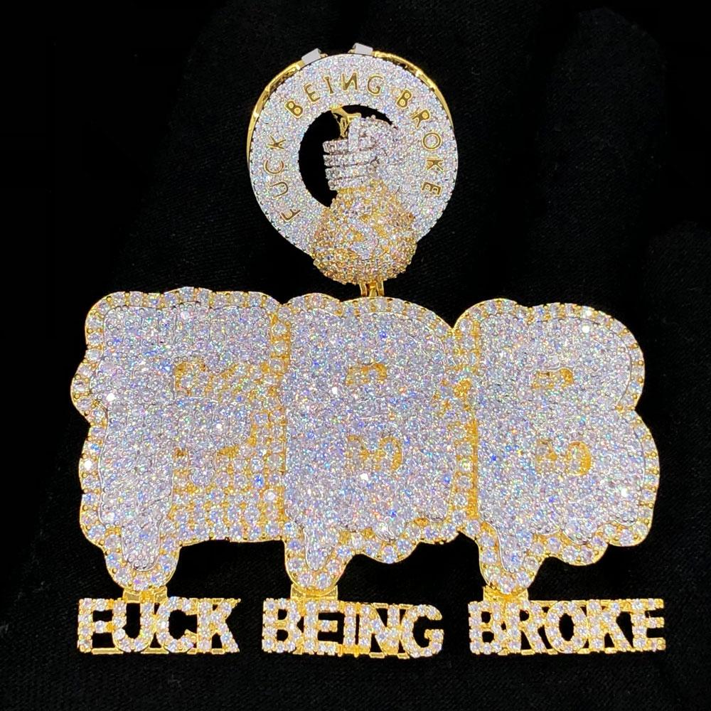 .925 Silver F*** Being Broke FBB VVS CZ Iced Out Pendant Yellow Gold HipHopBling