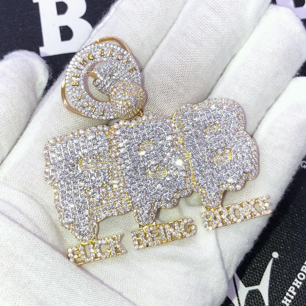 .925 Silver F*** Being Broke FBB VVS CZ Iced Out Pendant Yellow Gold HipHopBling