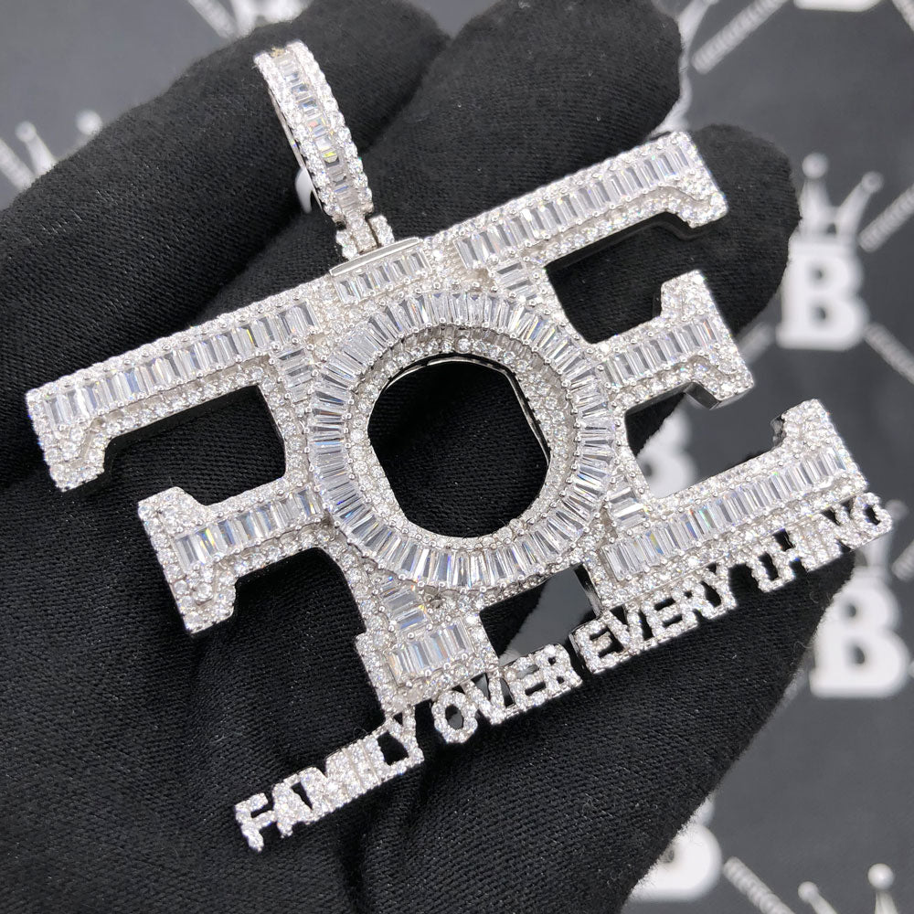 .925 Silver FOE Family Over Everything Baguette VVS CZ Pendant White Gold HipHopBling