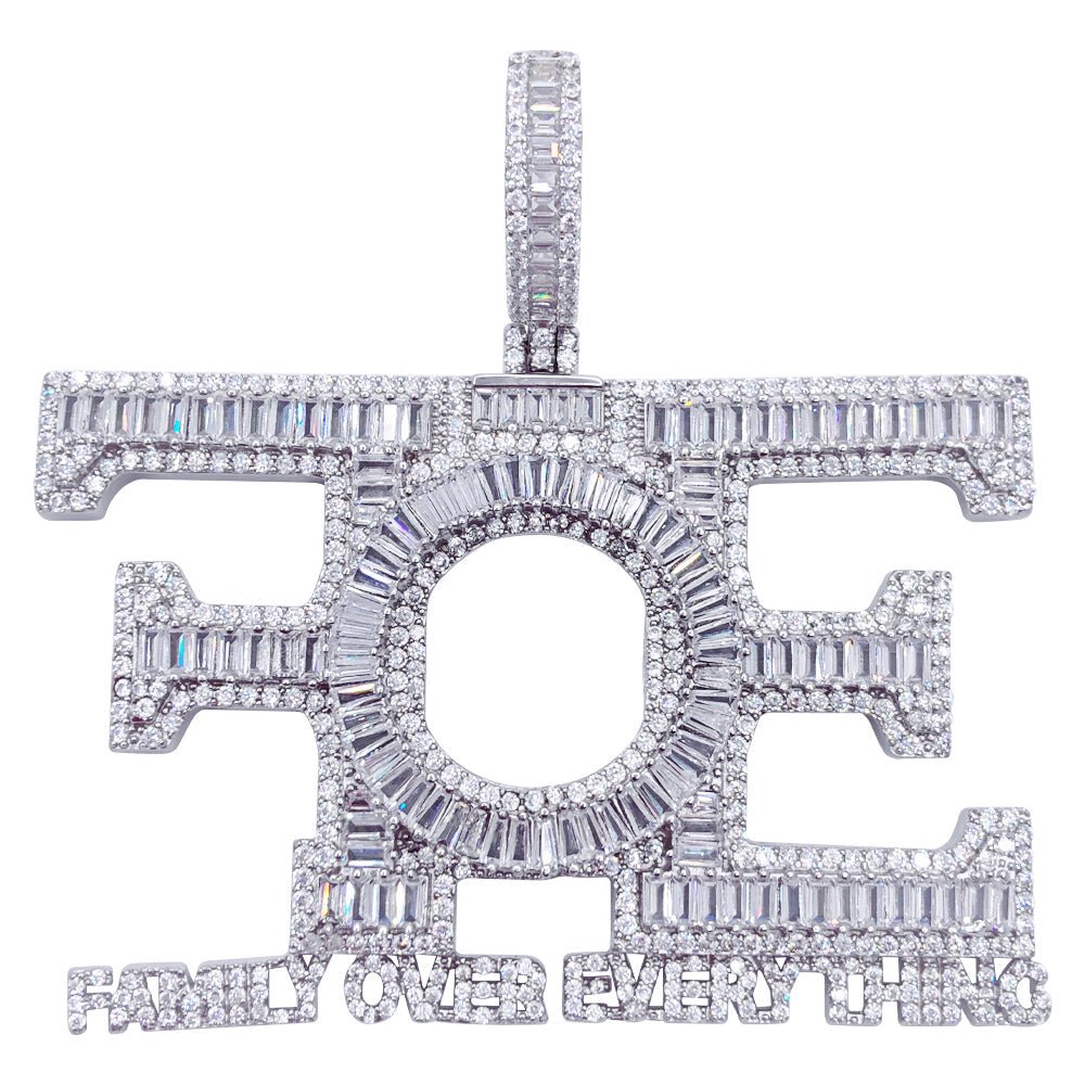 .925 Silver FOE Family Over Everything Baguette VVS CZ Pendant White Gold HipHopBling