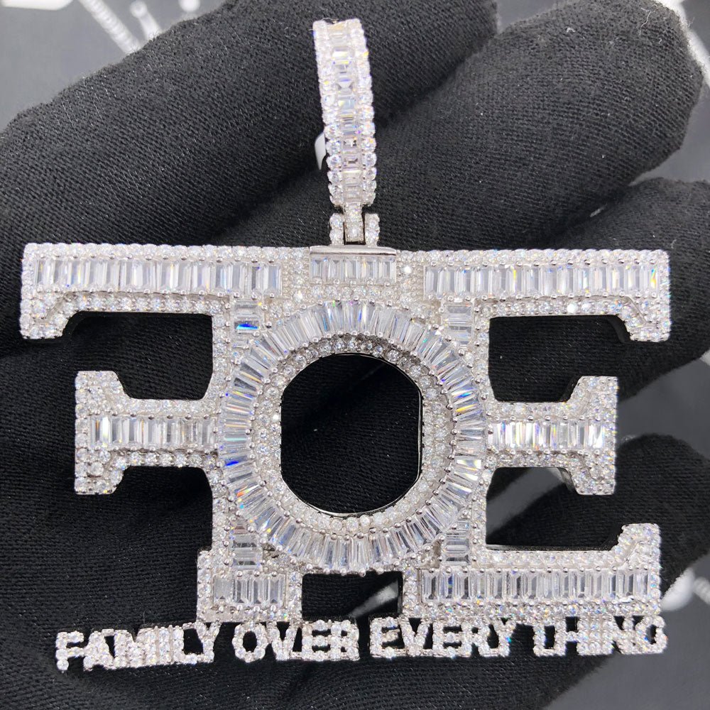 .925 Silver FOE Family Over Everything Baguette VVS CZ Pendant White Gold HipHopBling