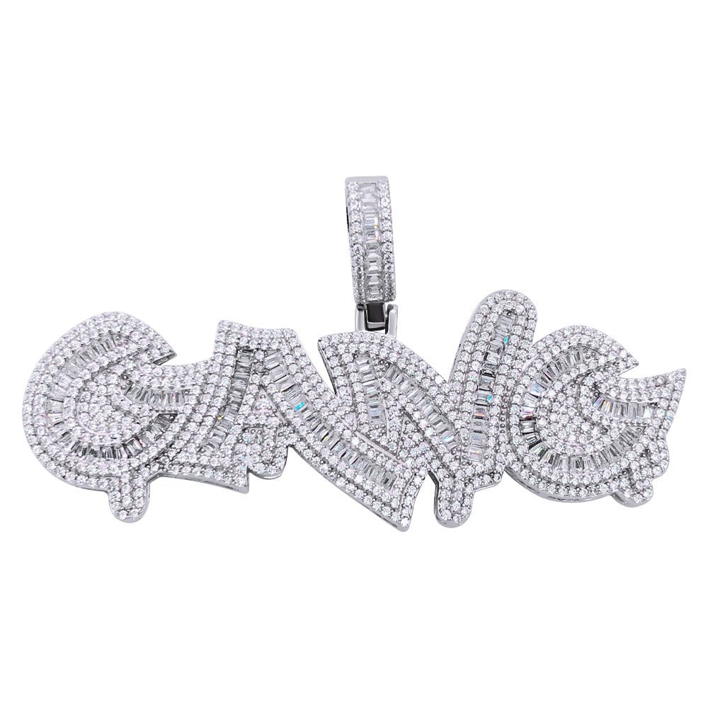 .925 Silver GANG Baguette VVS CZ Iced Out Pendant White Gold HipHopBling