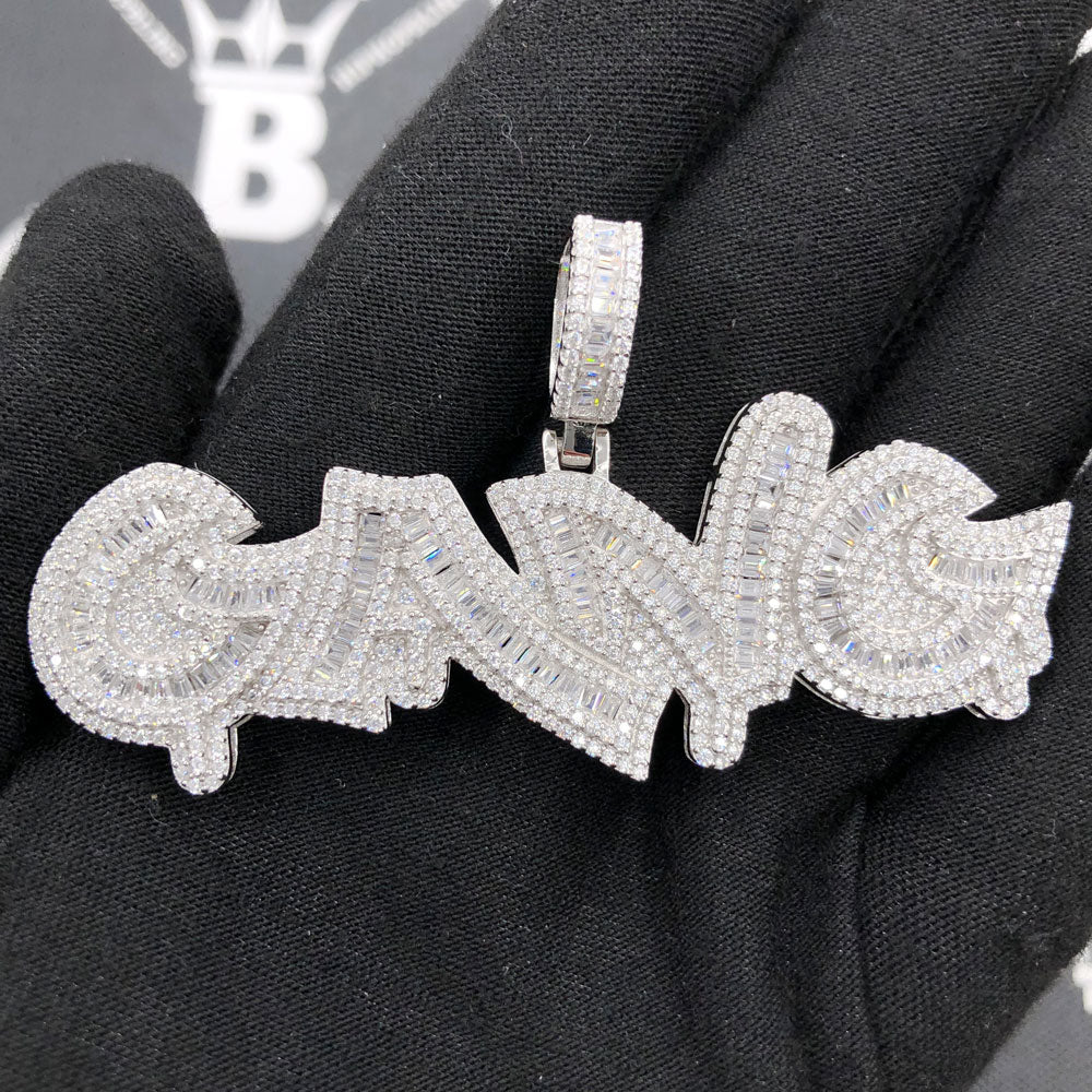 .925 Silver GANG Baguette VVS CZ Iced Out Pendant White Gold HipHopBling
