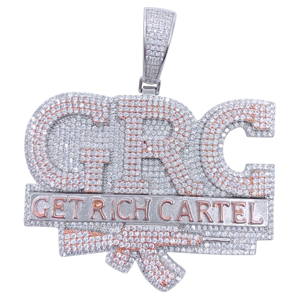 .925 Silver Get Rich Cartel VVS CZ Iced Out Pendant White Gold HipHopBling